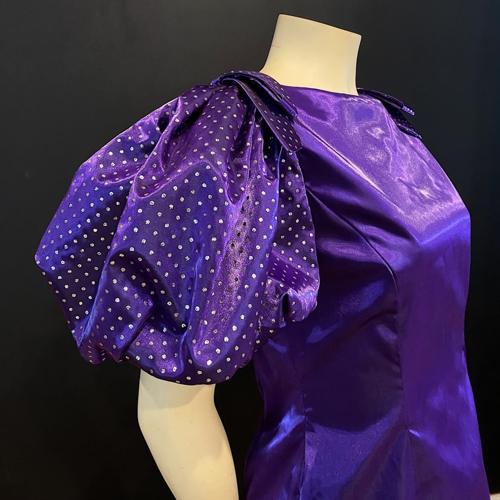 AMAZING Vintage Royal Purple Iridescent Statement Puff Sleeve Midi Dress - Picture 10 of 11